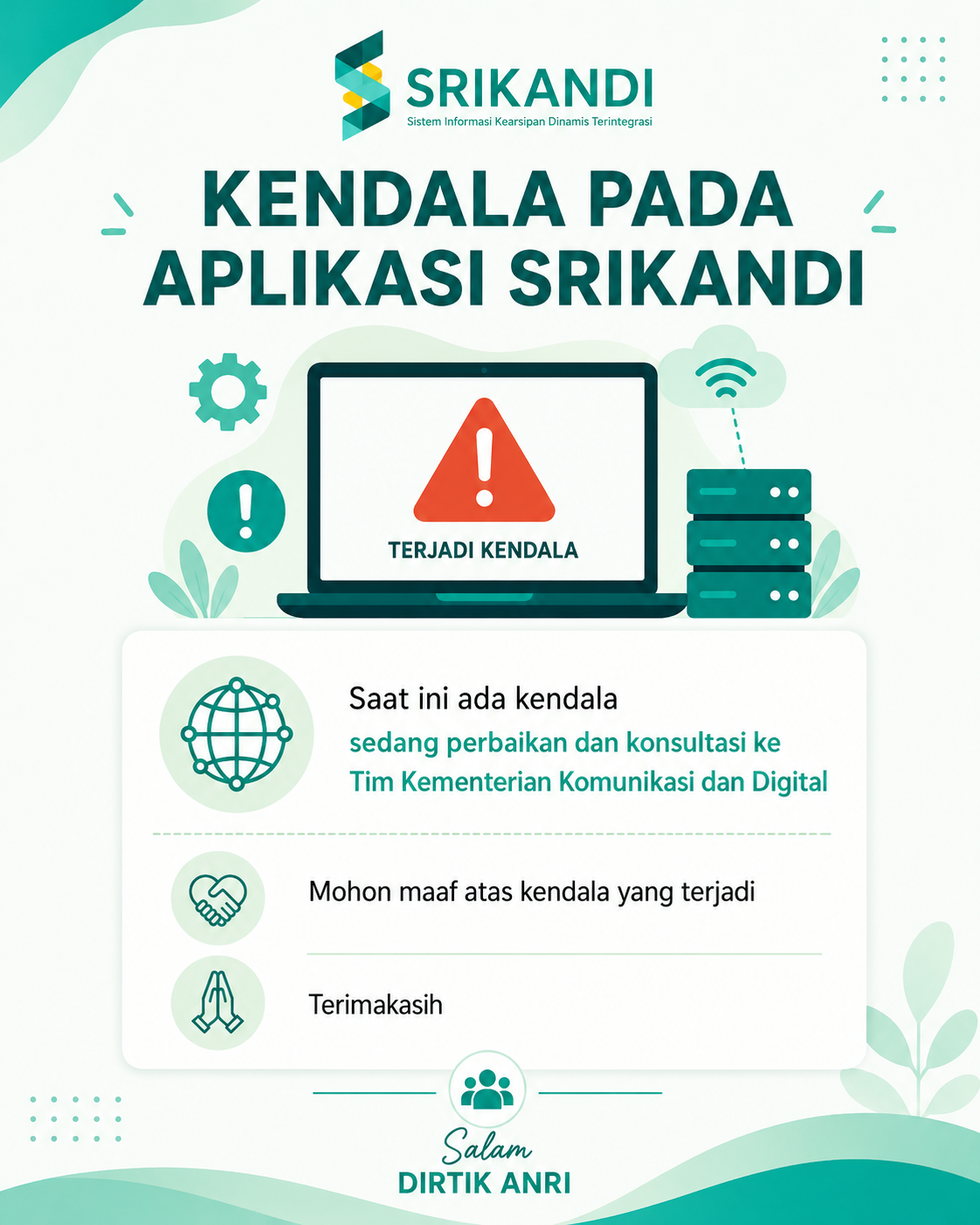 Pemberitahuan Kendala Aplikasi SRIKANDI